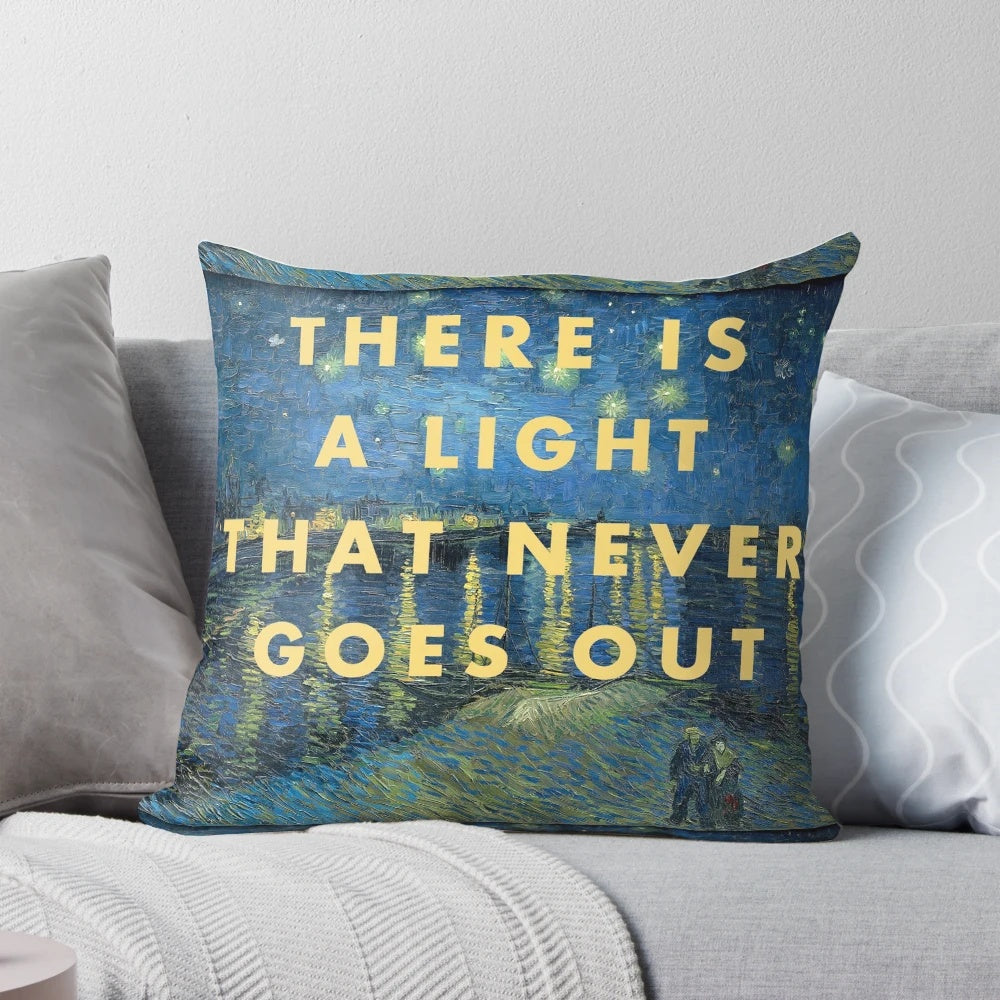 Pillow featuring Van Gogh's 'The Starry Night' and lyrics from The Smiths' song 'There Is a Light That Never Goes Out'