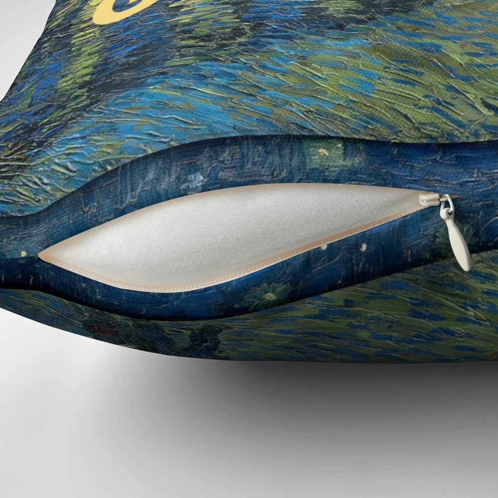 Pillow featuring Van Gogh's 'The Starry Night' and lyrics from The Smiths' song 'There Is a Light That Never Goes Out'