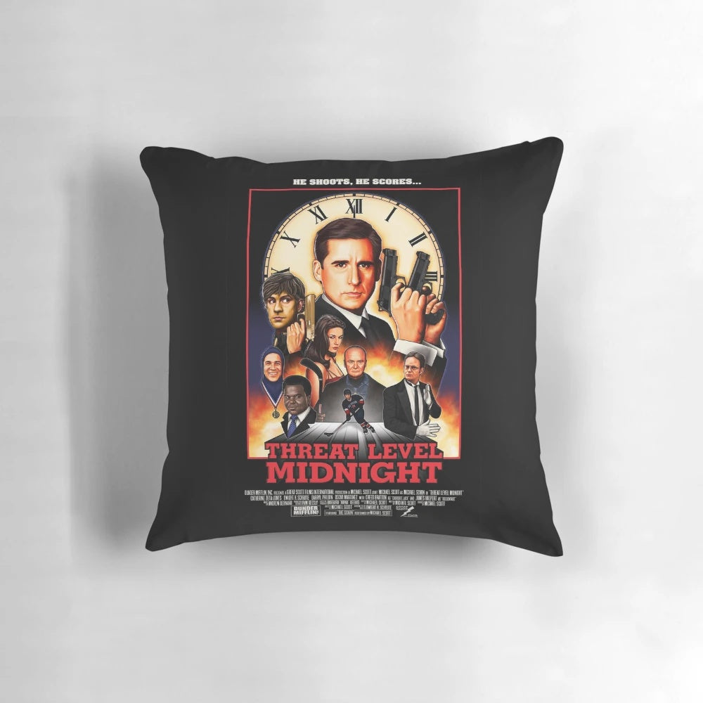 Plush pillow featuring the "Threat Level Midnight" logo from the hit TV show The Office