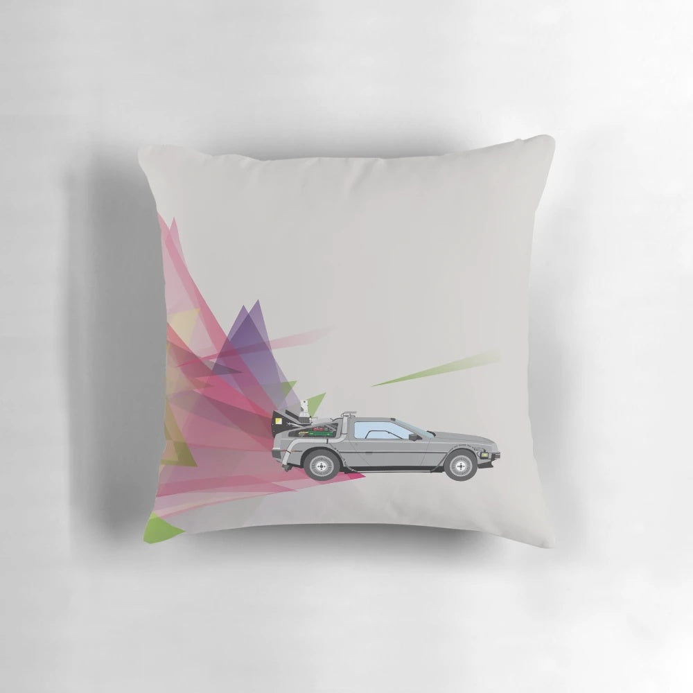 A plush pillow featuring the iconic DeLorean time machine from the Back to the Future movie franchise.