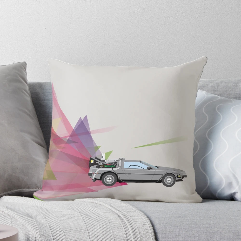 A plush pillow featuring the iconic DeLorean time machine from the Back to the Future movie franchise.