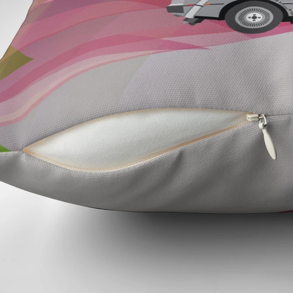 A plush pillow featuring the iconic DeLorean time machine from the Back to the Future movie franchise.