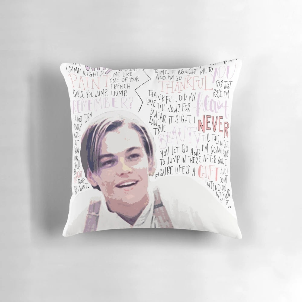 Pillow featuring Leonardo DiCaprio as Jack Dawson from the classic film "Titanic