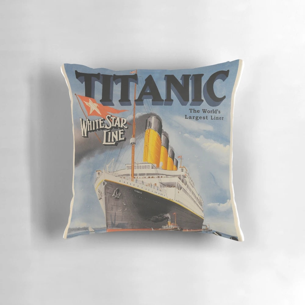 Vintage TITANIC movie-inspired pillow with iconic ship and Leonardo DiCaprio and Kate Winslet