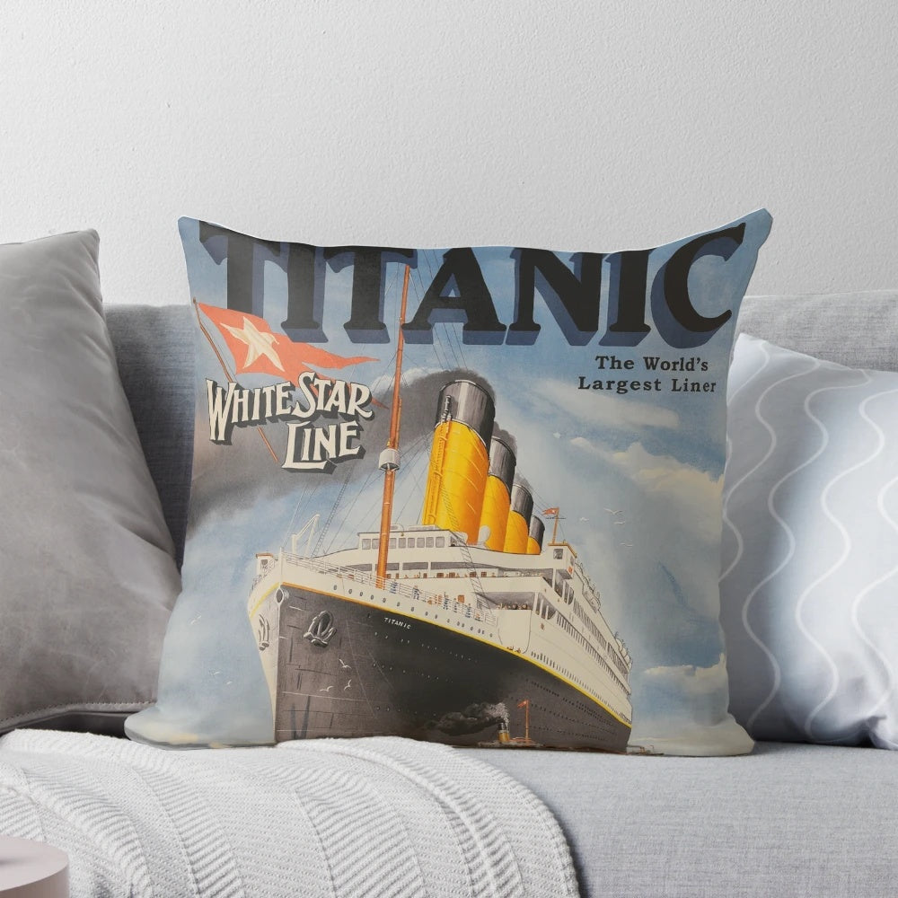 Vintage TITANIC movie-inspired pillow with iconic ship and Leonardo DiCaprio and Kate Winslet