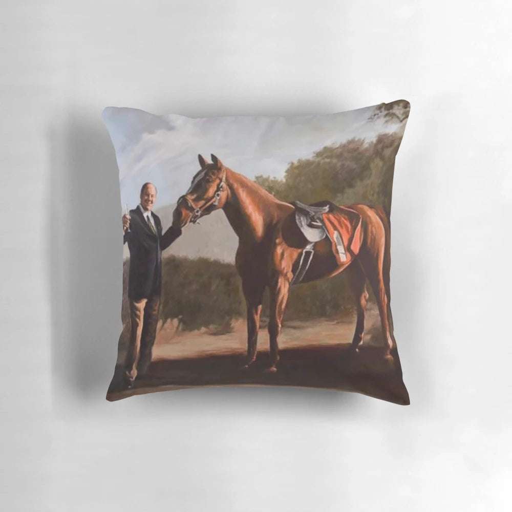 Soft, plush pillow featuring the iconic scene of Tony Soprano with a horse from the classic TV series.