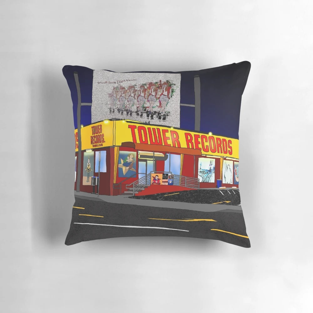 Throw pillow featuring the classic Tower Records logo and artwork, representing the vibrant music scene of Los Angeles' Sunset Strip.