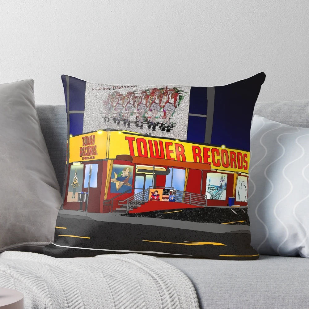 Throw pillow featuring the classic Tower Records logo and artwork, representing the vibrant music scene of Los Angeles' Sunset Strip.