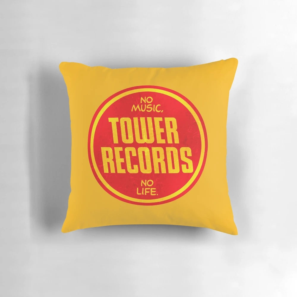 Plush vintage-inspired Tower Records pillow featuring a retro vinyl record design