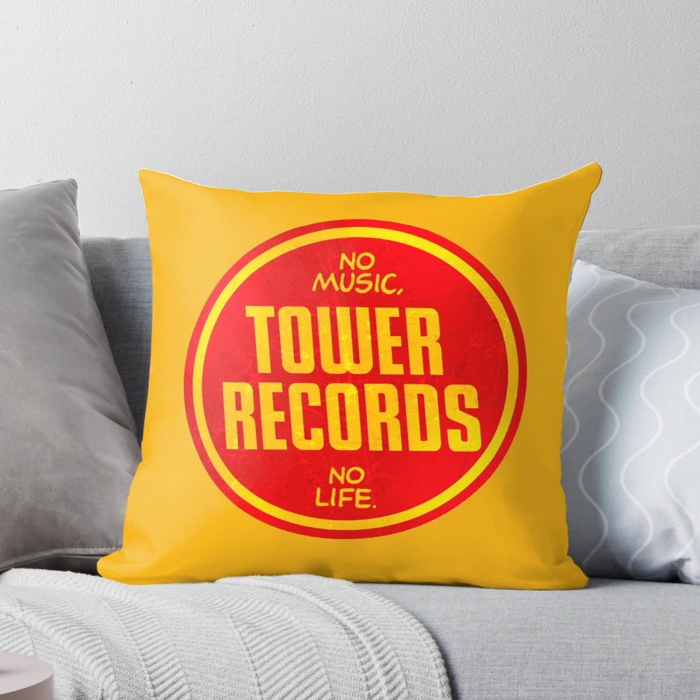 Plush vintage-inspired Tower Records pillow featuring a retro vinyl record design