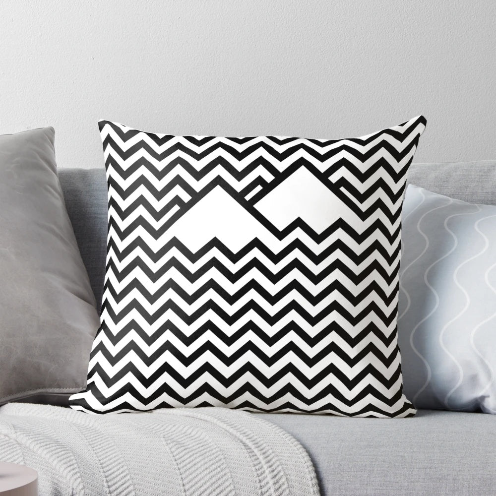 Twin Peaks" themed throw pillow with iconic chevron pattern