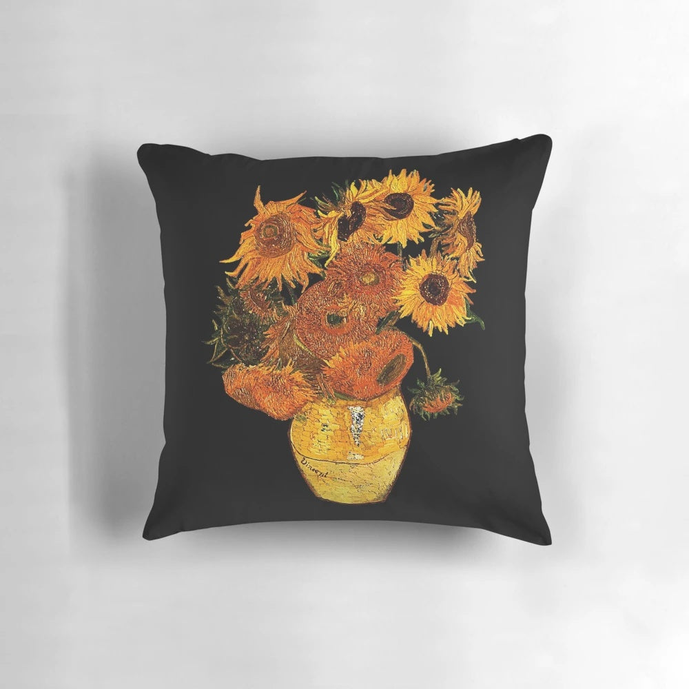 A decorative throw pillow featuring the iconic Starry Night painting by Vincent Van Gogh.