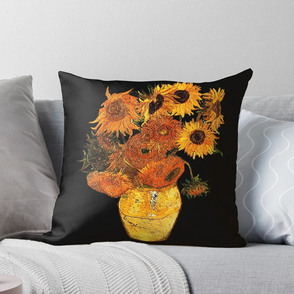 A decorative throw pillow featuring the iconic Starry Night painting by Vincent Van Gogh.