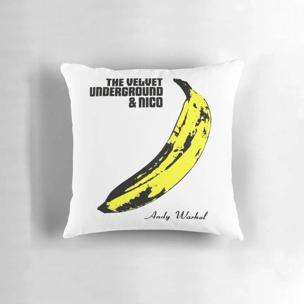 Minimalist throw pillow featuring the iconic Velvet Underground banana image