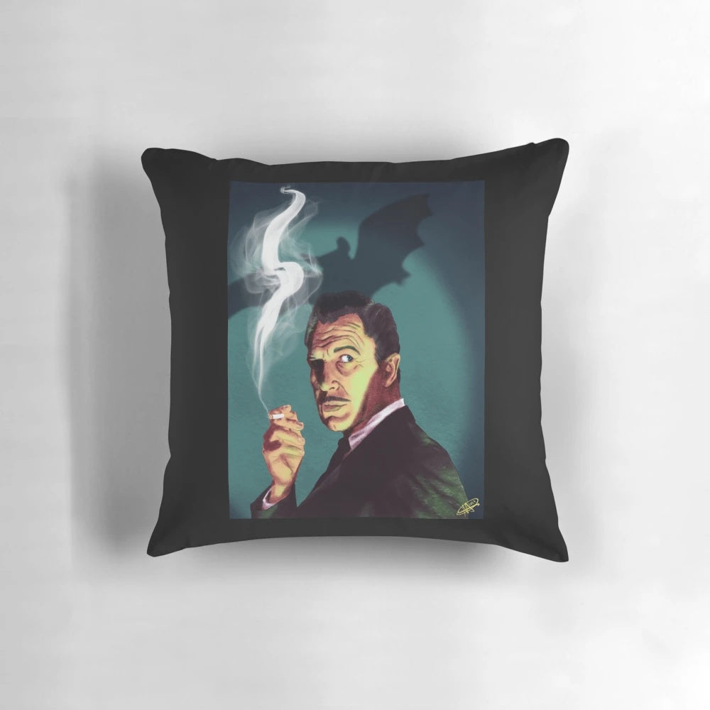 Vintage-inspired throw pillow featuring the legendary actor Vincent Price from classic horror films
