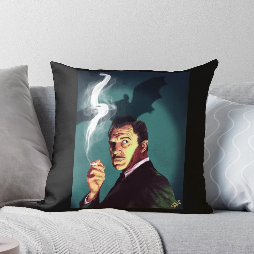Vintage-inspired throw pillow featuring the legendary actor Vincent Price from classic horror films