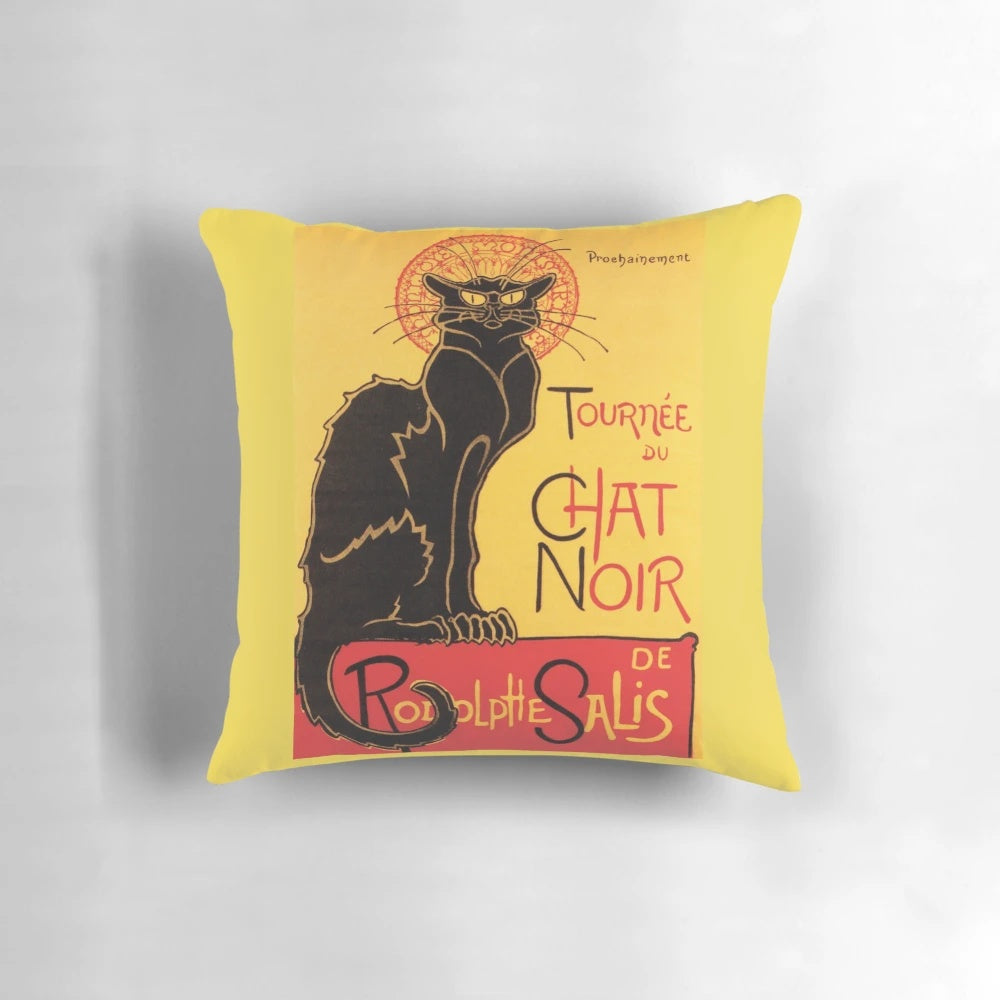 Vintage black cat poster pillow featuring the iconic "Le Chat Noir" French theatre art design