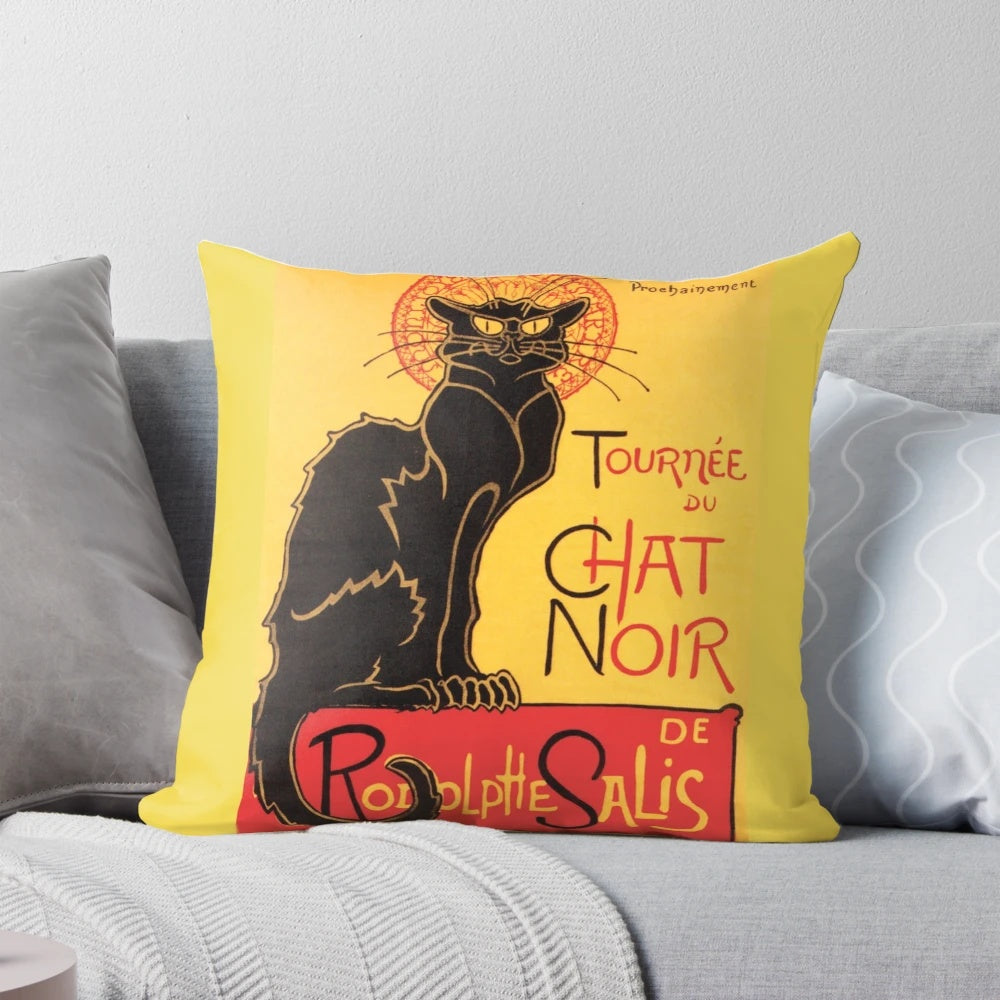 Vintage black cat poster pillow featuring the iconic "Le Chat Noir" French theatre art design