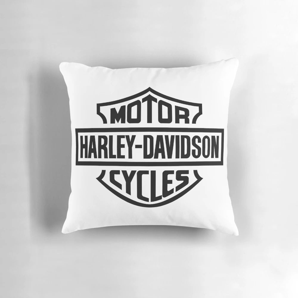 Iconic vintage Harley Davidson motorcycle printed on a soft, comfortable pillow.