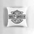 Iconic vintage Harley Davidson motorcycle printed on a soft, comfortable pillow.