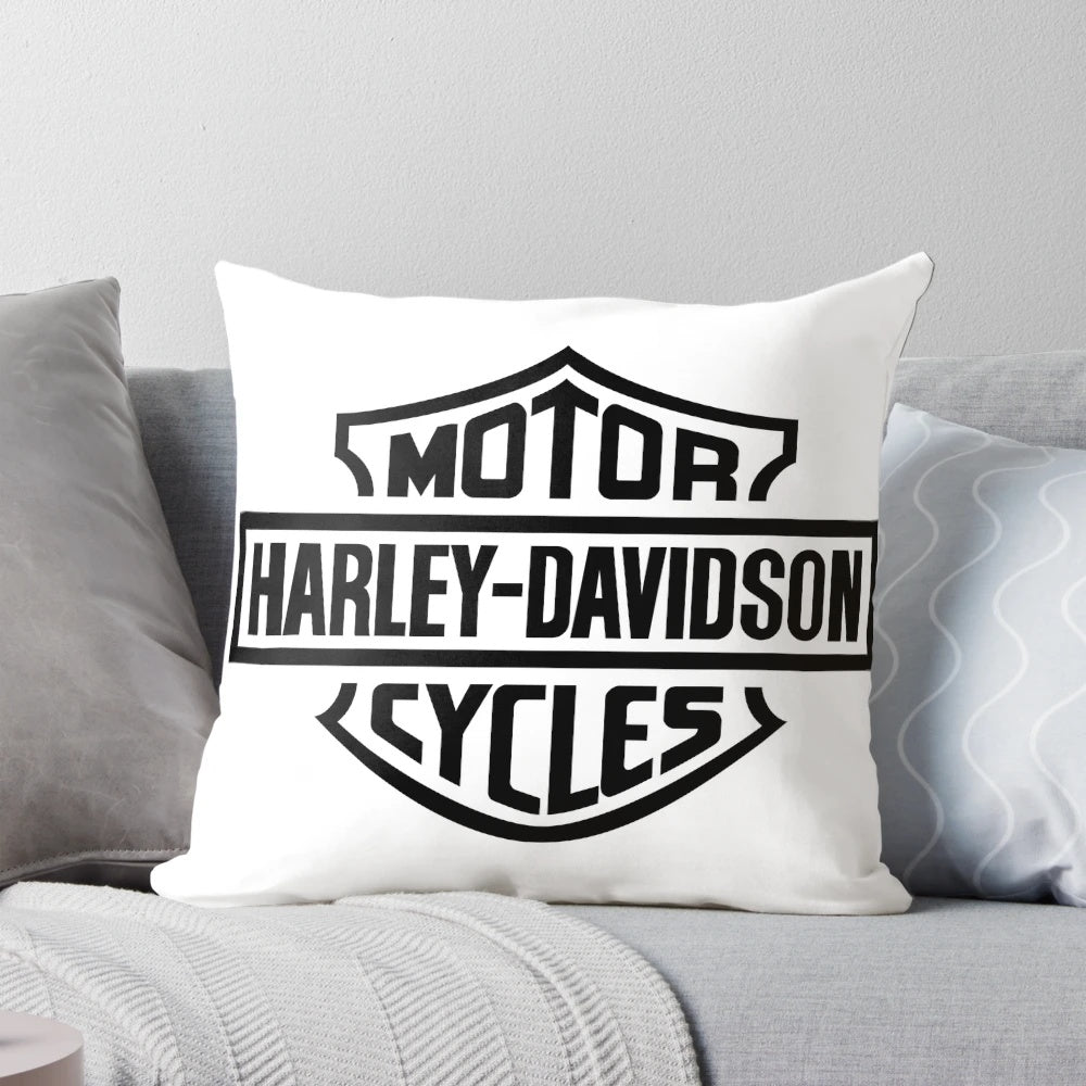 Iconic vintage Harley Davidson motorcycle printed on a soft, comfortable pillow.