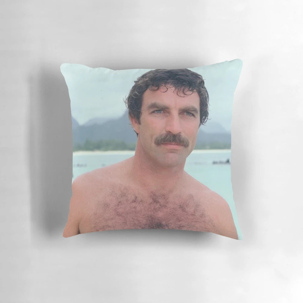 Vintage retro image of famous actor Tom Selleck on a plush pillow