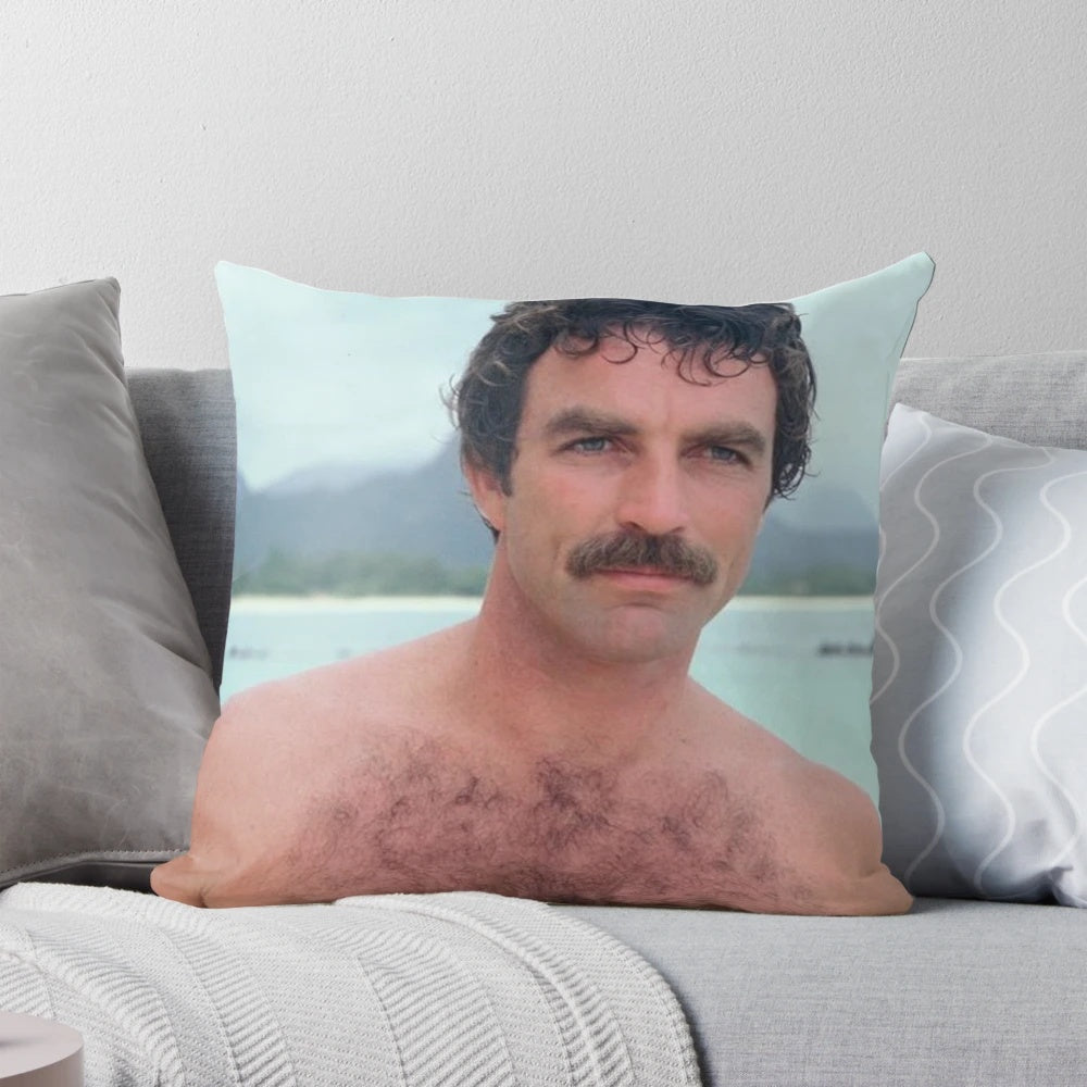 Vintage retro image of famous actor Tom Selleck on a plush pillow