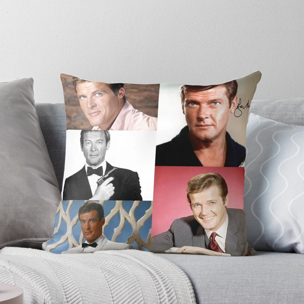 Closeup of a vintage Roger Moore signed pillow, featuring the legendary British actor from classic films and television.