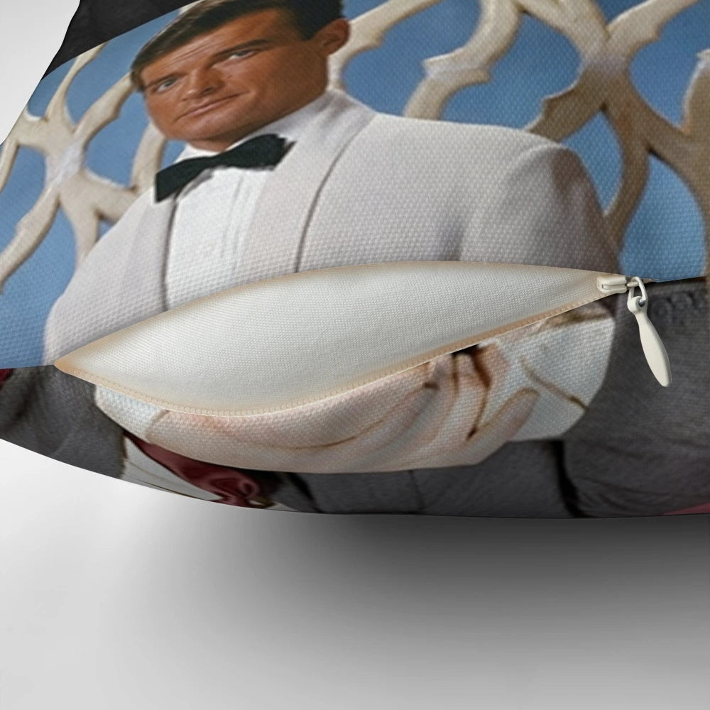 Closeup of a vintage Roger Moore signed pillow, featuring the legendary British actor from classic films and television.