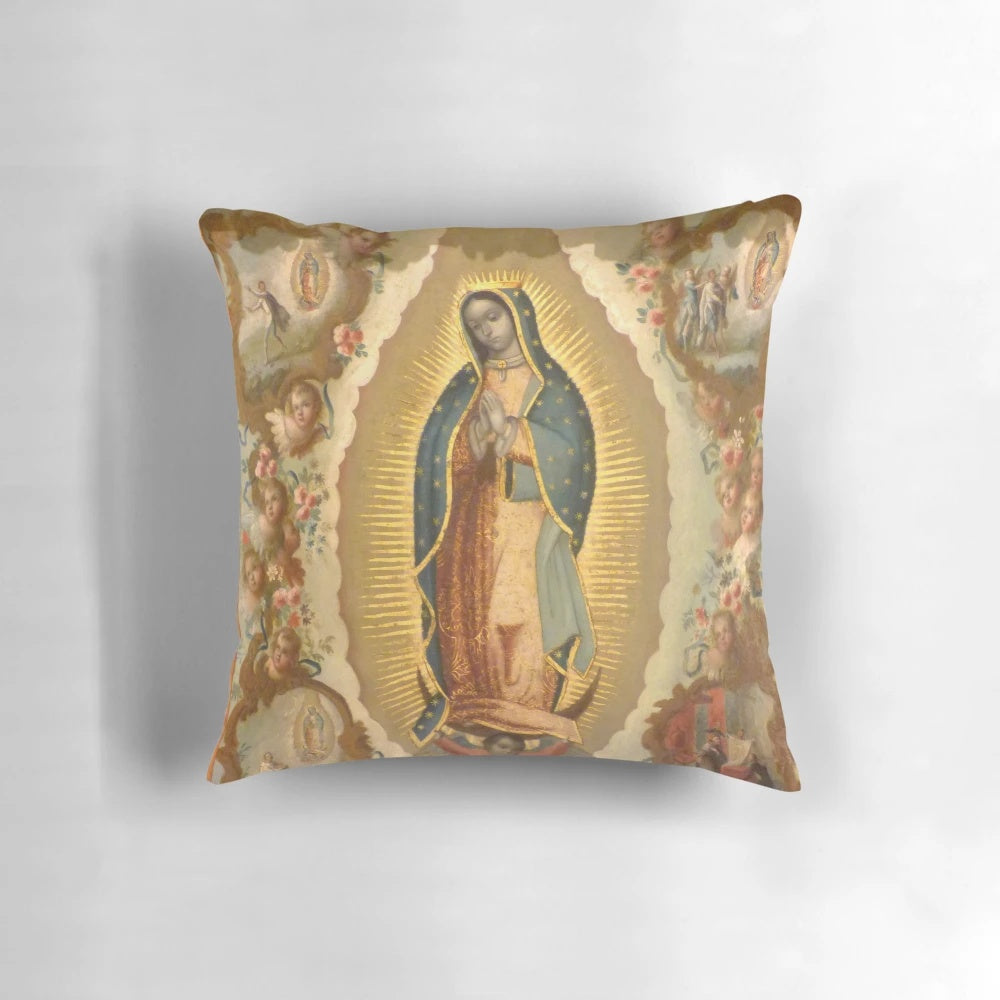 Vibrant pillow featuring the iconic Virgin of Guadalupe and her four apparitions, designed by Mexican artist Juan de Sáenz.