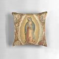 Vibrant pillow featuring the iconic Virgin of Guadalupe and her four apparitions, designed by Mexican artist Juan de Sáenz.