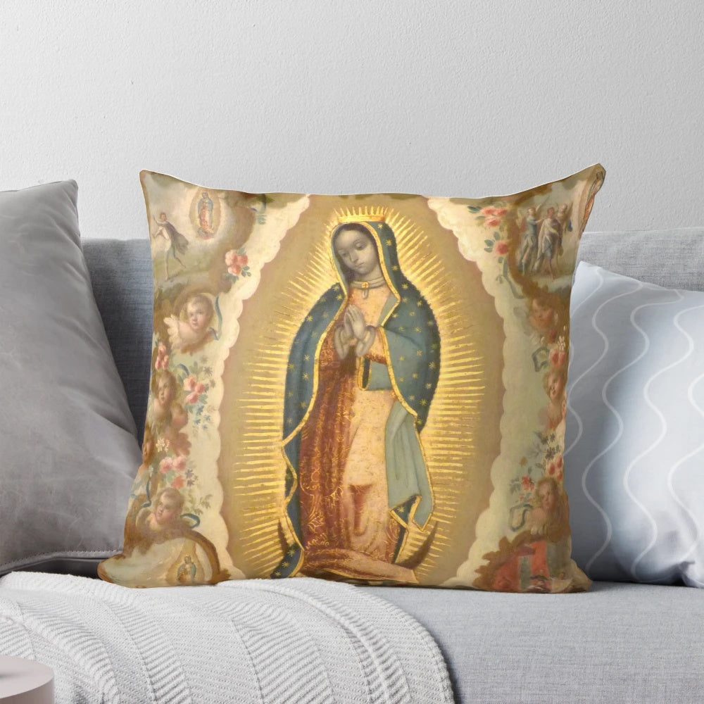 Vibrant pillow featuring the iconic Virgin of Guadalupe and her four apparitions, designed by Mexican artist Juan de Sáenz.