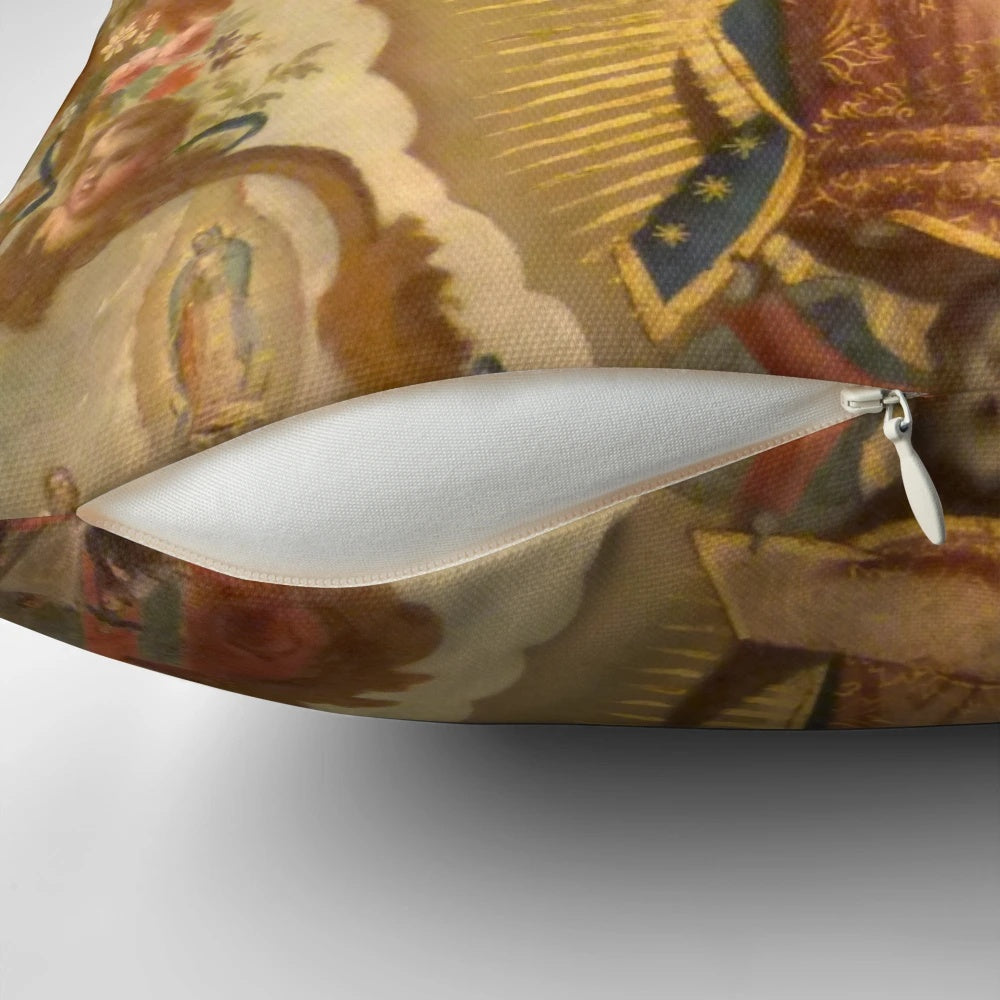 Vibrant pillow featuring the iconic Virgin of Guadalupe and her four apparitions, designed by Mexican artist Juan de Sáenz.