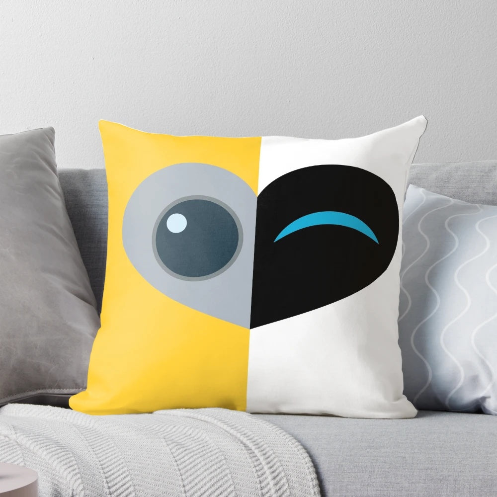 Soft, minimalist throw pillow featuring the beloved Wall-E and Eve robots from the Pixar film, in a sweet love story design.