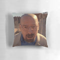 A white and blue throw pillow with a humorous Walter White meme design, perfect for Breaking Bad fans.