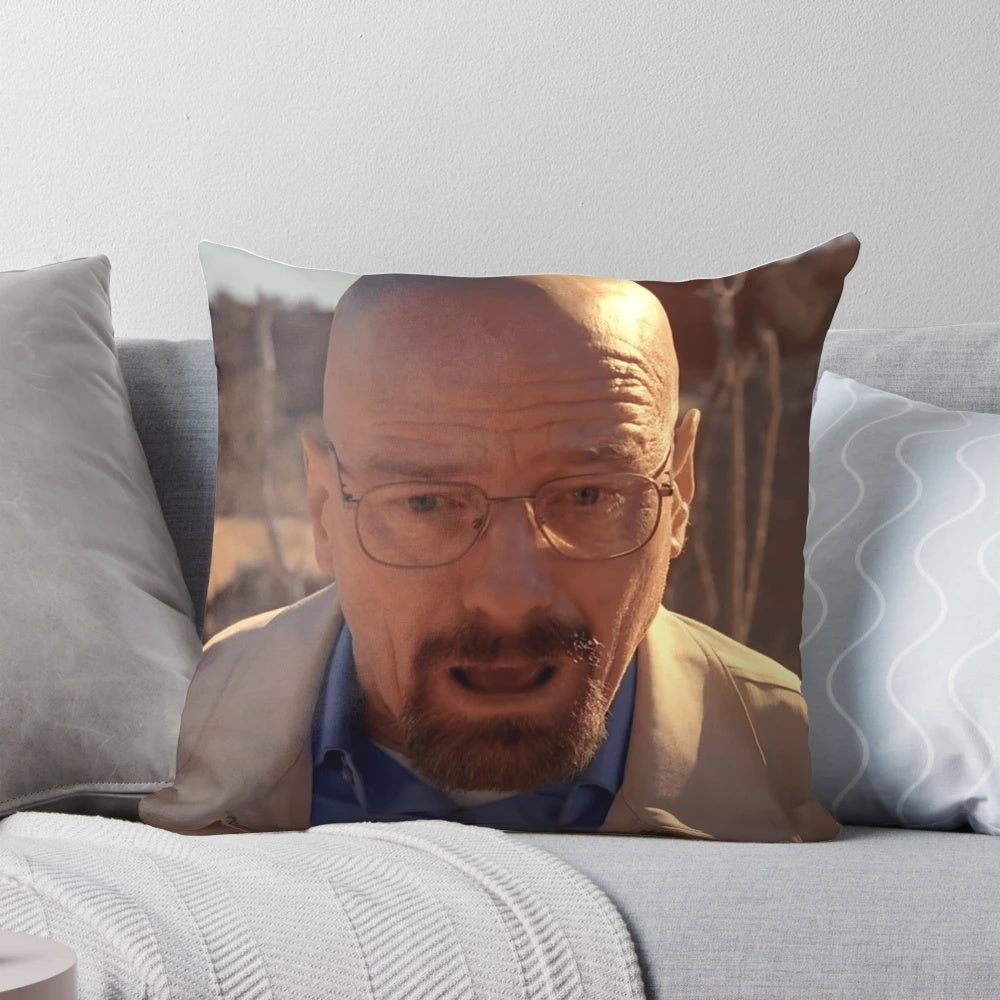 A white and blue throw pillow with a humorous Walter White meme design, perfect for Breaking Bad fans.
