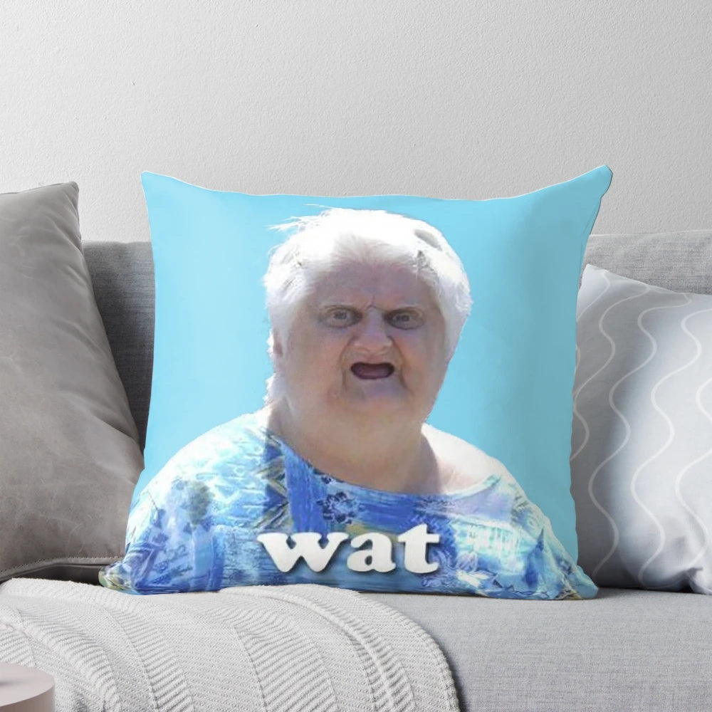 Pillow featuring the iconic "Wat" meme woman with a confused expression