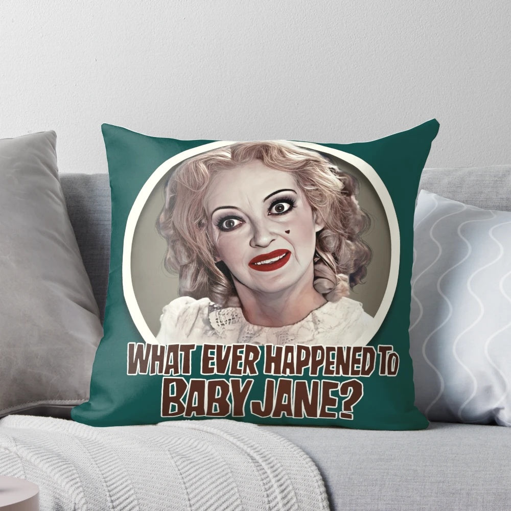 "Pillow featuring iconic image from the classic psychological thriller 'What Ever Happened to Baby Jane?'"