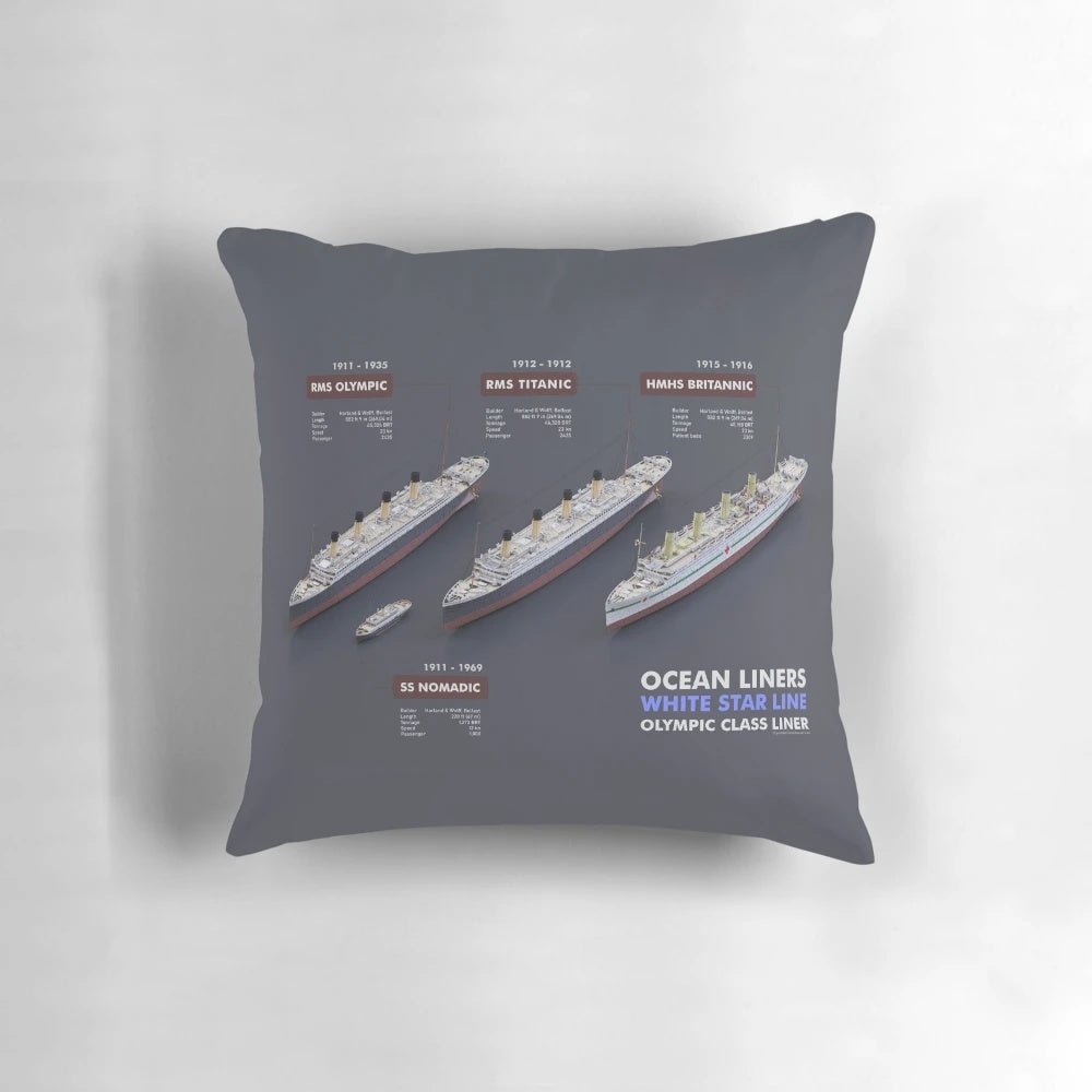 A decorative pillow featuring the iconic White Star Line ocean liners, including the Titanic, Olympic, and Britannic.