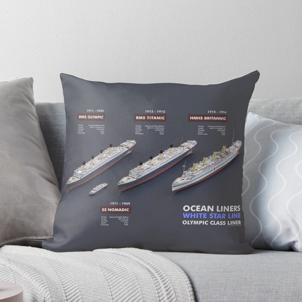 A decorative pillow featuring the iconic White Star Line ocean liners, including the Titanic, Olympic, and Britannic.