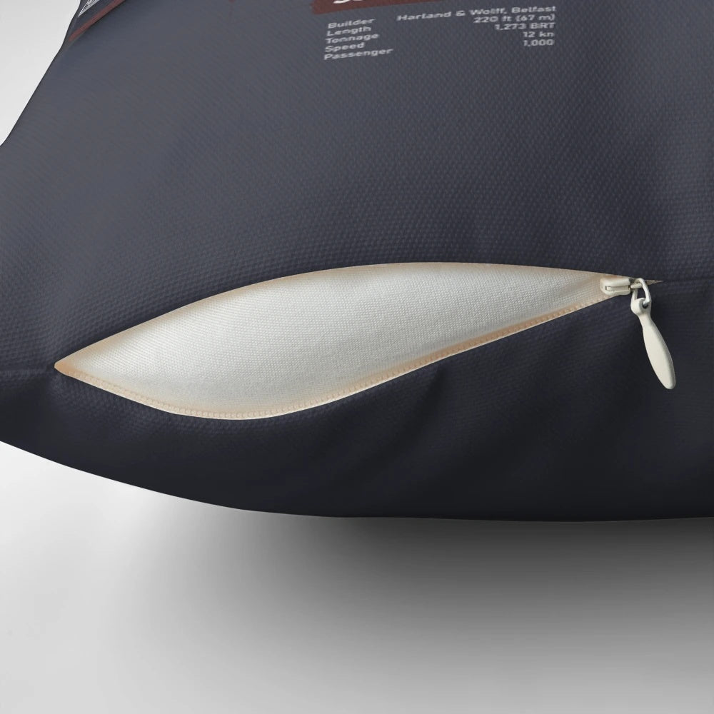 A decorative pillow featuring the iconic White Star Line ocean liners, including the Titanic, Olympic, and Britannic.