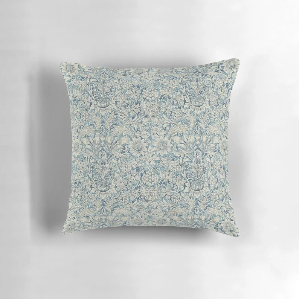 Vibrant sunflower patterned pillow designed by renowned artist William Morris