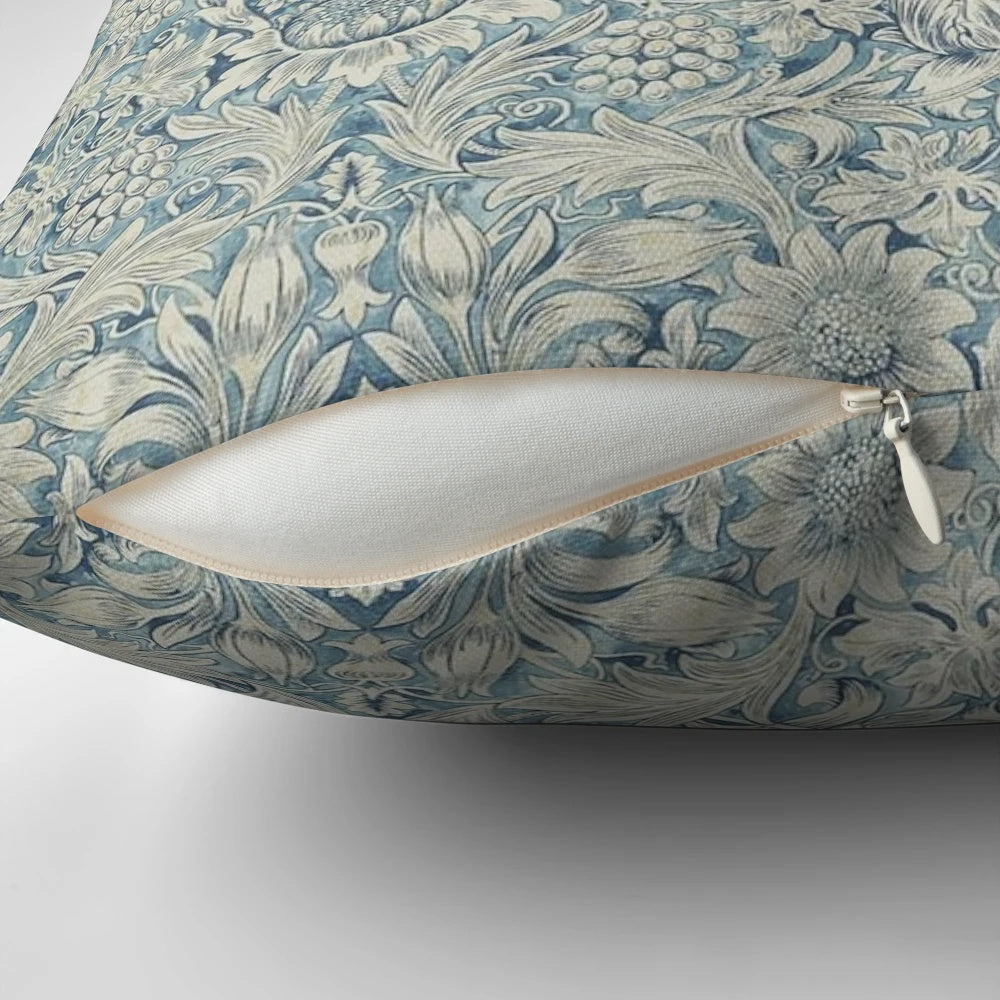 Vibrant sunflower patterned pillow designed by renowned artist William Morris