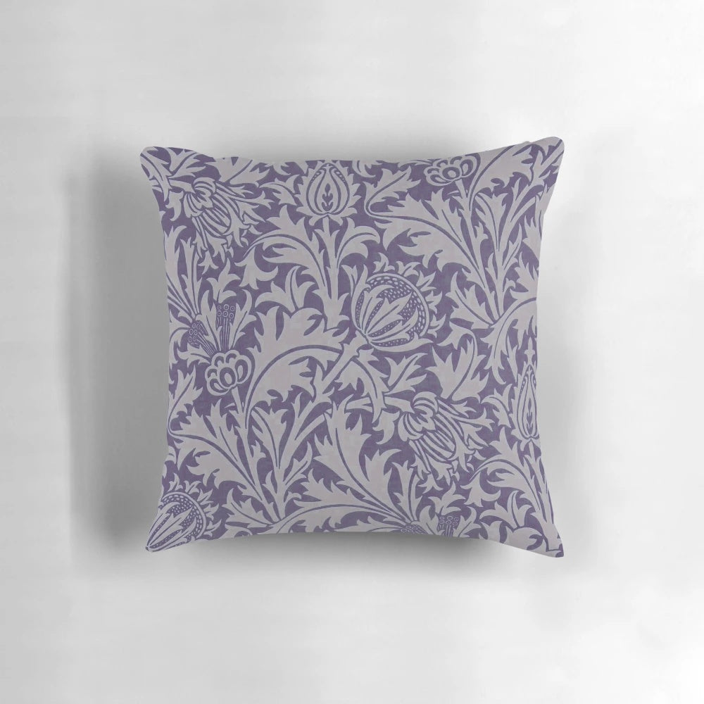 Decorative William Morris thistle pattern pillow in plush plum and taupe tones