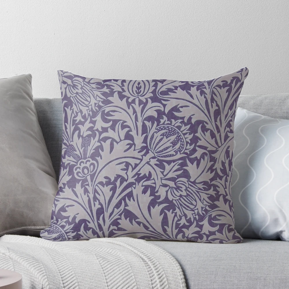 Decorative William Morris thistle pattern pillow in plush plum and taupe tones