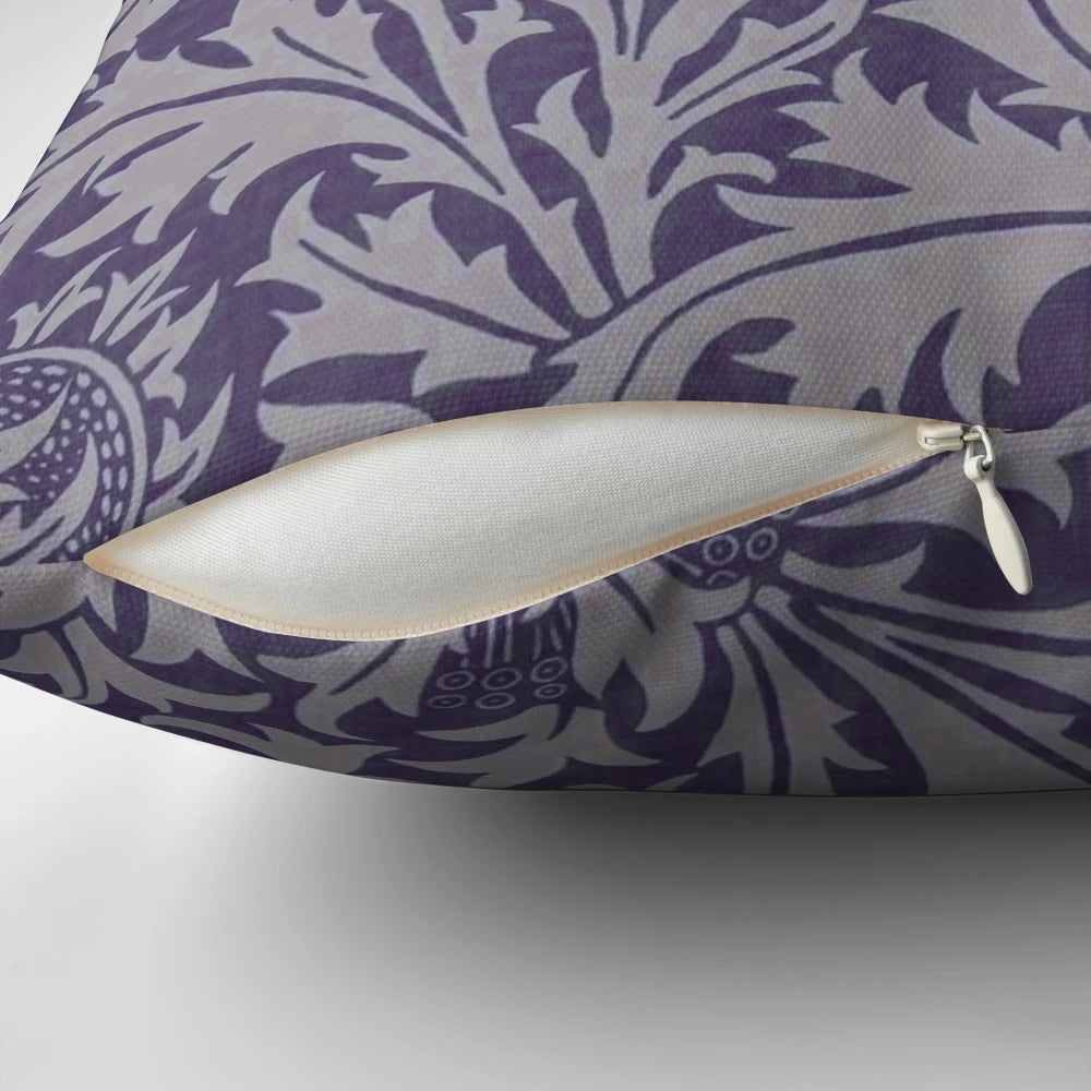 Decorative William Morris thistle pattern pillow in plush plum and taupe tones