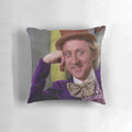 A colorful pillow featuring the iconic character Willy Wonka from the 1971 classic film "Willy Wonka and the Chocolate Factory".