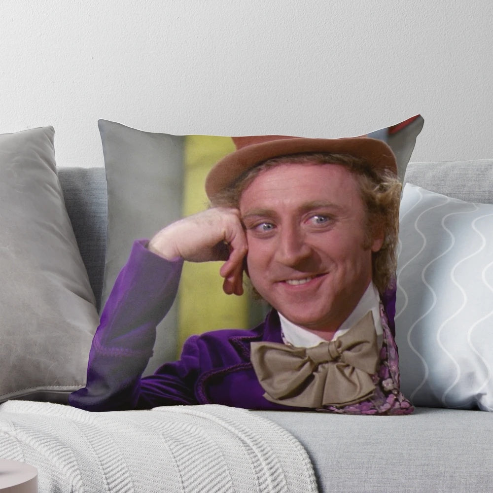 A colorful pillow featuring the iconic character Willy Wonka from the 1971 classic film "Willy Wonka and the Chocolate Factory".