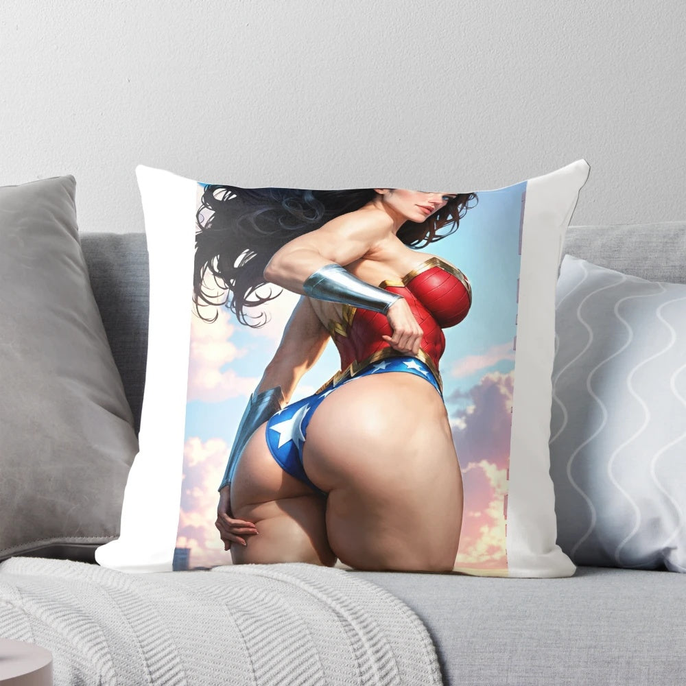 Wonder Woman superhero illustration printed on a decorative pillow