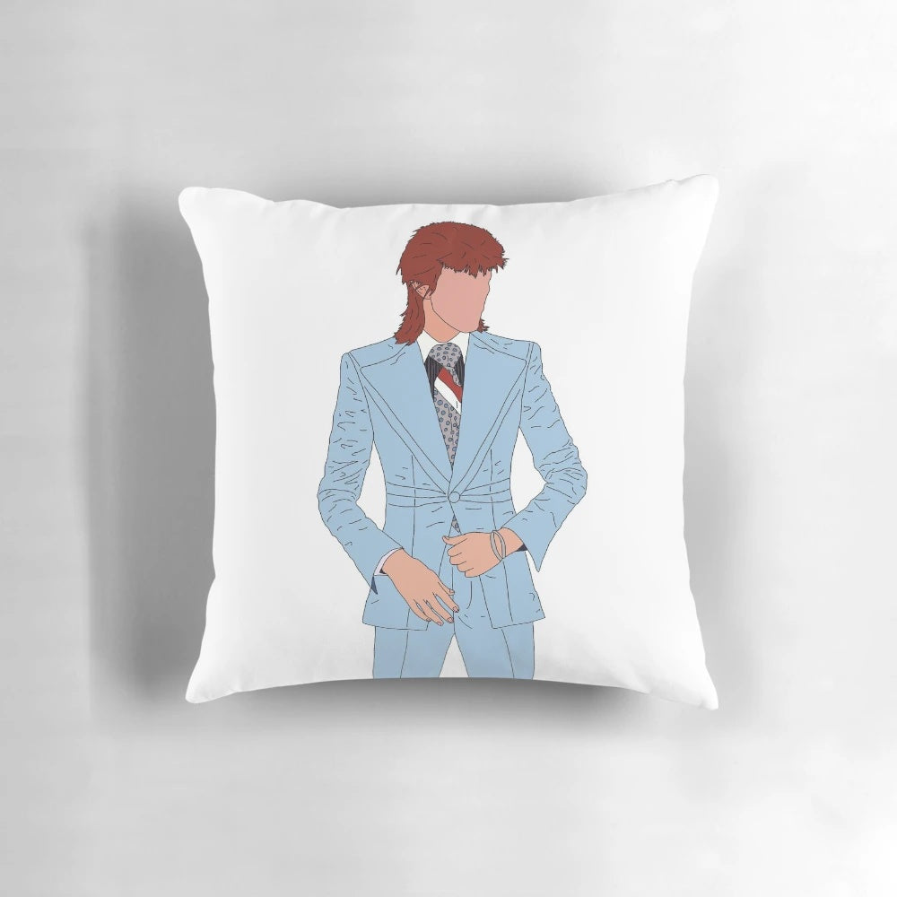 Vibrant Ziggy Stardust inspired David Bowie pillow with bold, colorful design